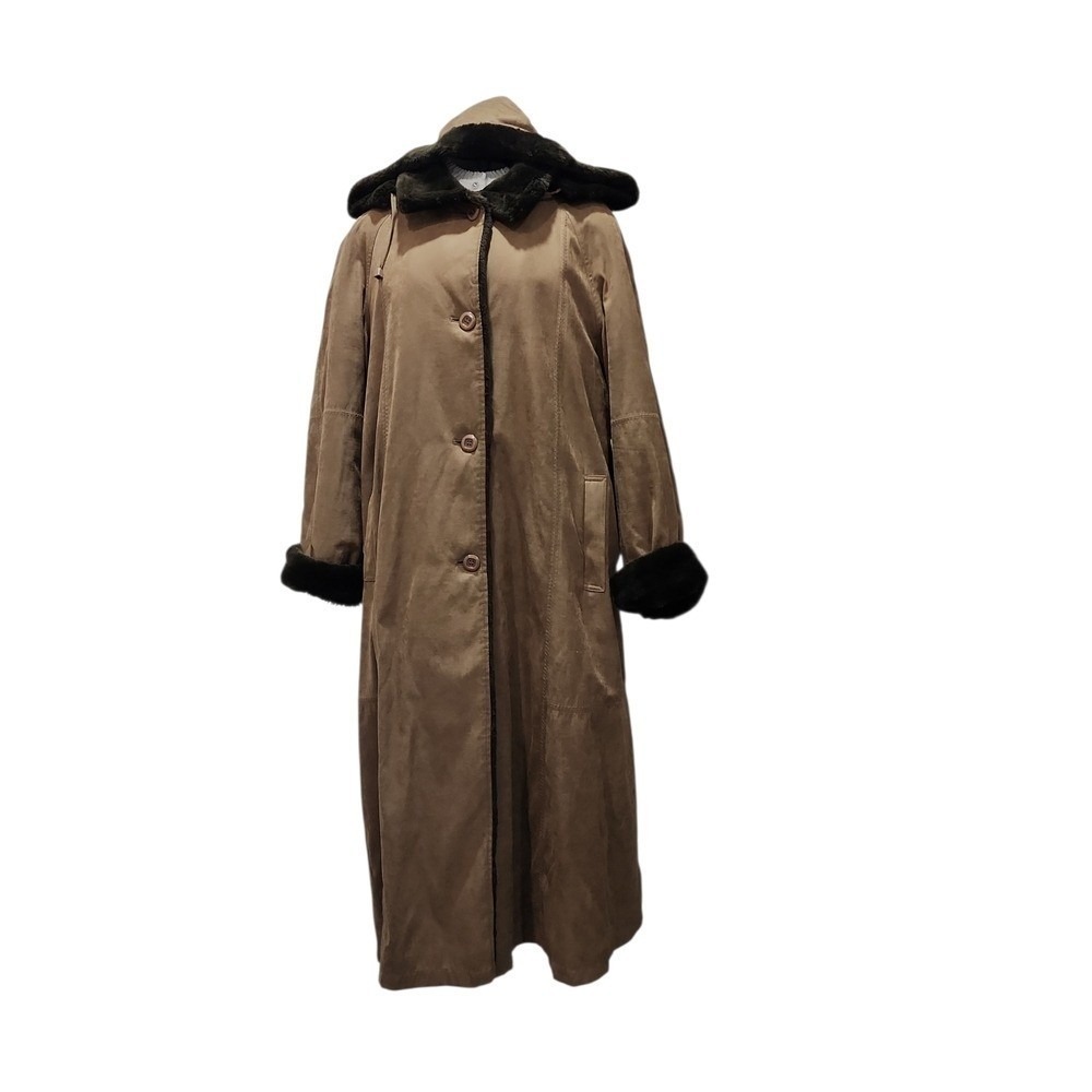 Utex Faux Fur Lined Long Trench Coat Women Medium Brown Winter Warm‎ Cozy Boho
